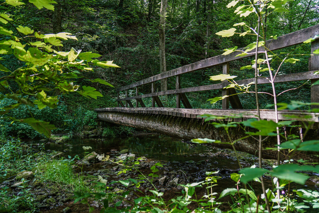 Bruecke ueber die Gronach beim Wandern im Gronachtal